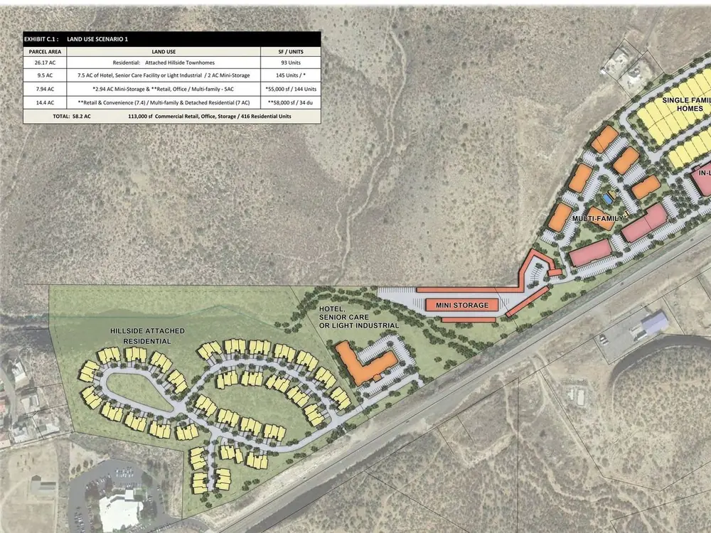 Copper Creek land use plan, an aerial of the 58 acre site with the planned parcels marked